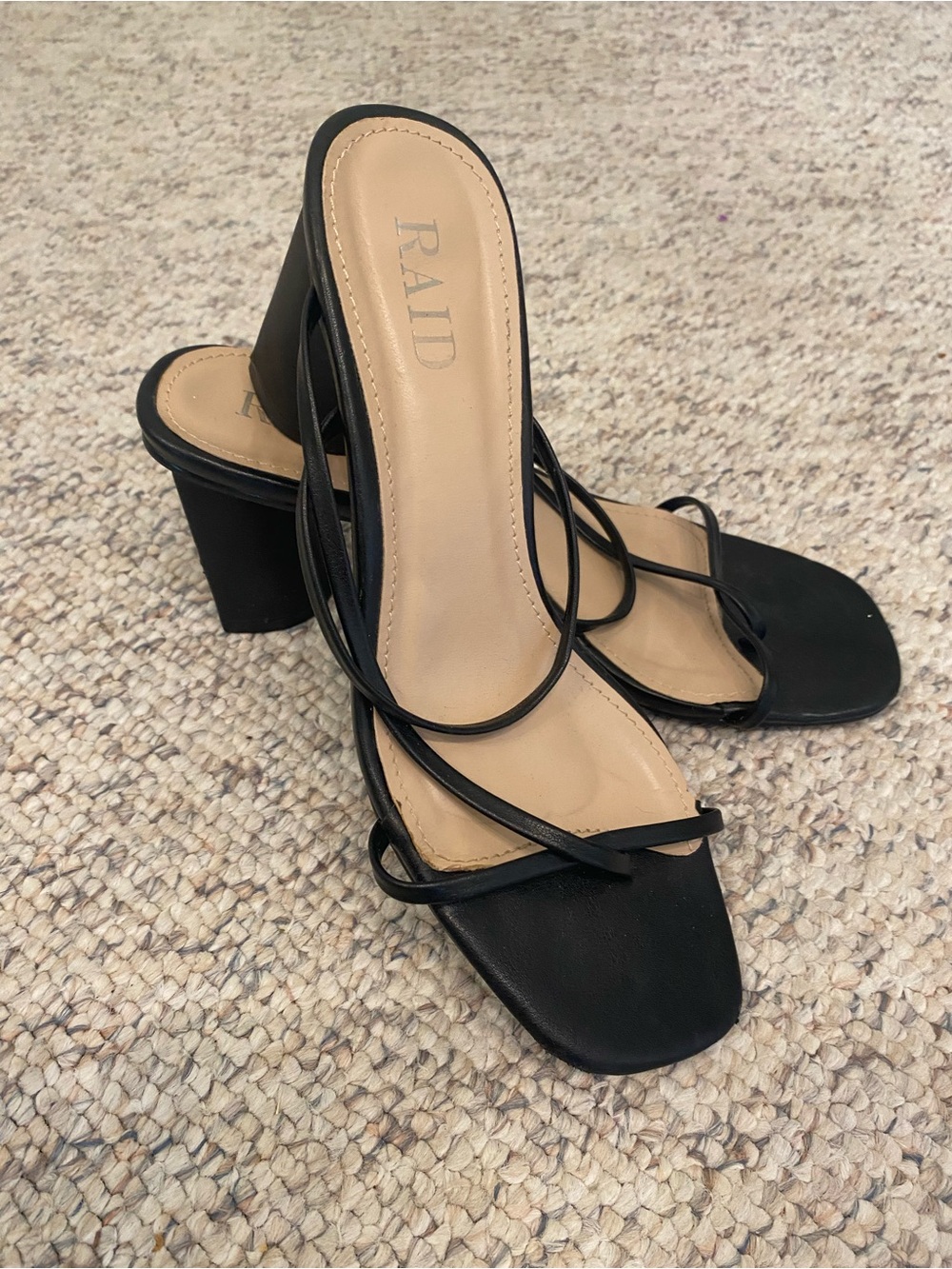 RAID Black Strappy Square-Toe Block Heel Mules